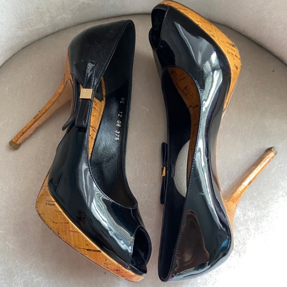 Christian Dior Black Patent Leather Peep Toe Pumps Stiletto Heels with Bow - Picture 3 of 7